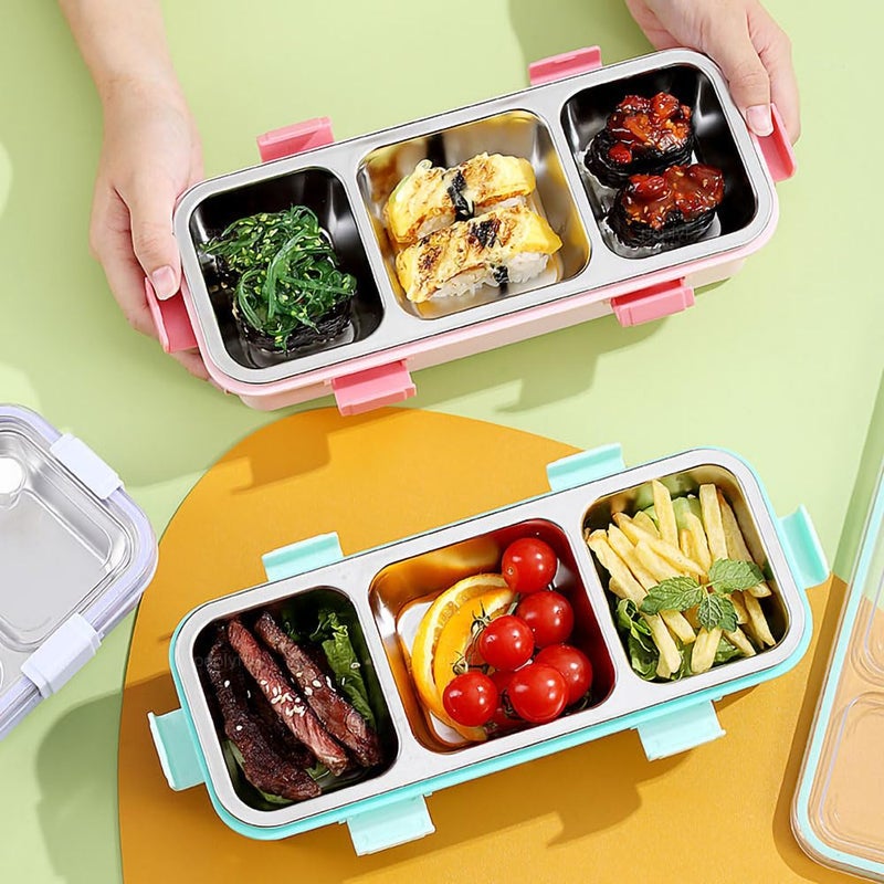 peplyf Meal Buddy Lunchbox LeakProof Stainless Steel Solid Snacks Meals 3 Grid Green - Image 4