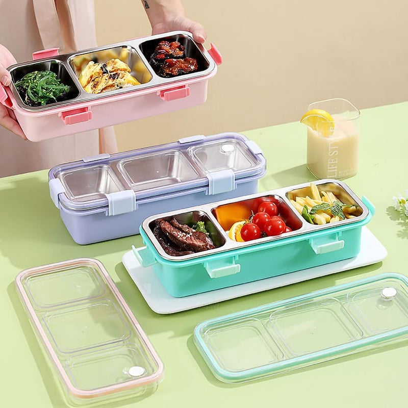 peplyf Meal Buddy Lunchbox LeakProof Stainless Steel Solid Snacks Meals 3 Grid Green - Image 2