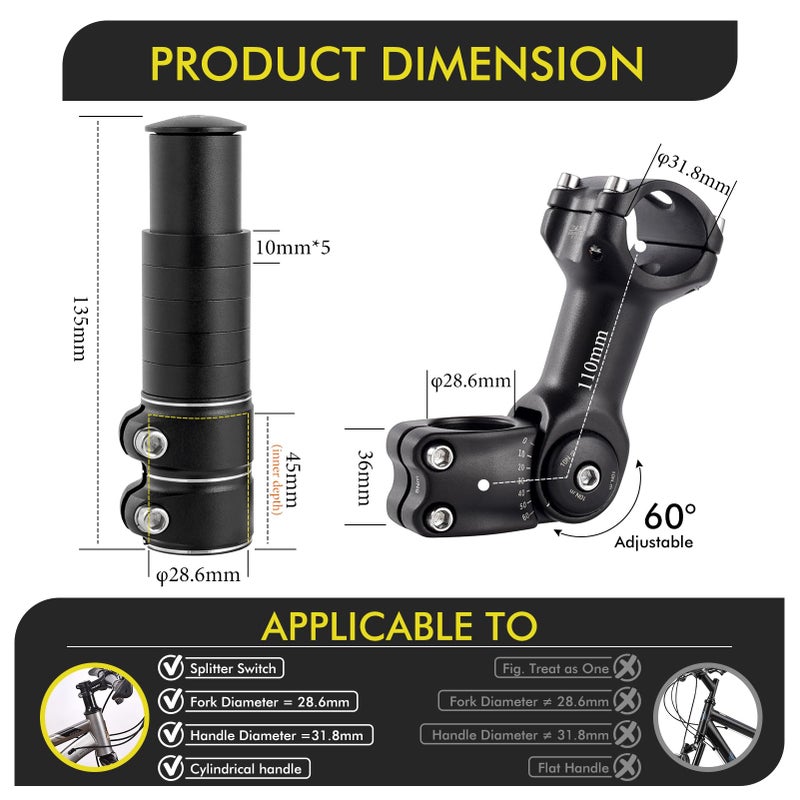 COTOUXKER Adjustable Bike Stem Riser, Bike Handlebar Extender Set 31.8mm 60Â° for Mountain Road Bike Stem Cycling Comfortable (Black) - Image 2