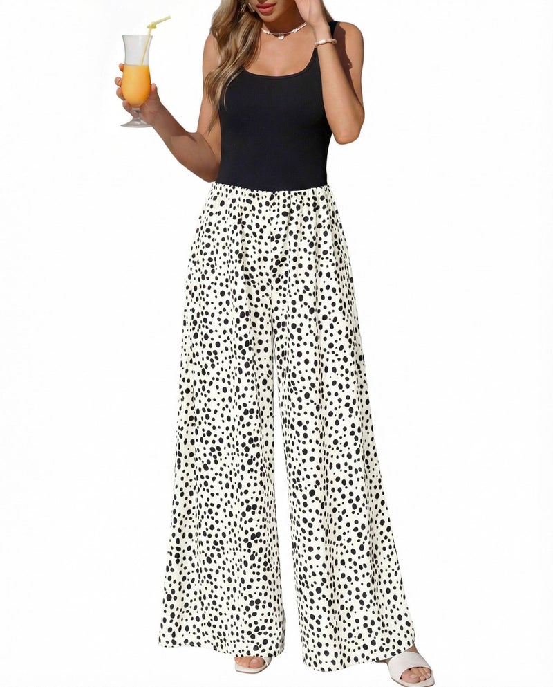 KIRUNDO Jumpsuits for Women Dressy 2026 Summer One Piece Sleeveless Boho Floral Wide Leg Romper Beach Vacation Cruise Outfits(Dot White Black, Medium) - Image 1