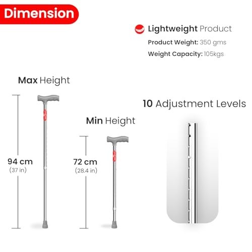 EASYCARE® Walking Stick | Lightweight Aluminium with 10 Height Levels Adjustable | Ergonomic Handle, Anti-Slip Base | Support for Old Age Seniors, Men, Women & Patients (Single Leg) - Image 2