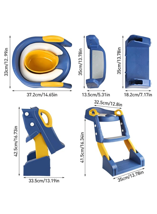 صن سباير مقعد تدريب على استخدام الحمام مع سلم، مقعد تدريب قابل للطي 2 في 1 مع مسند للقدمين، مقعد حمام للأطفال قابل للتعديل، مزود بوسادة مريحة مع وسادة مانعة للانزلاق، واقي من الرذاذ ودلو قابل للإزالة لتجميع البول (أزرق). - Image 2