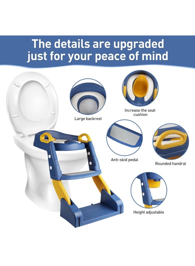 صن سباير مقعد تدريب على استخدام الحمام مع سلم، مقعد تدريب قابل للطي 2 في 1 مع مسند للقدمين، مقعد حمام للأطفال قابل للتعديل، مزود بوسادة مريحة مع وسادة مانعة للانزلاق، واقي من الرذاذ ودلو قابل للإزالة لتجميع البول (أزرق). - Image 4