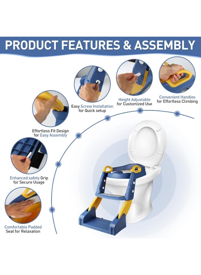 صن سباير مقعد تدريب على استخدام الحمام مع سلم، مقعد تدريب قابل للطي 2 في 1 مع مسند للقدمين، مقعد حمام للأطفال قابل للتعديل، مزود بوسادة مريحة مع وسادة مانعة للانزلاق، واقي من الرذاذ ودلو قابل للإزالة لتجميع البول (أزرق). - Image 3