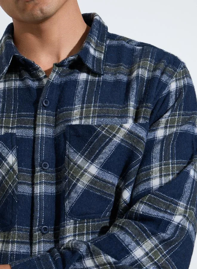 Styli  Navy Blue Checked Pocket Detail Oversized Shacket for Men | Best Price UAE