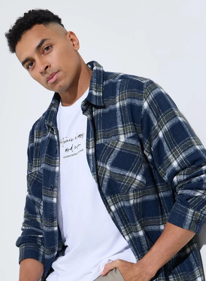 Navy Blue Checked Pocket Detail Oversized Shacket