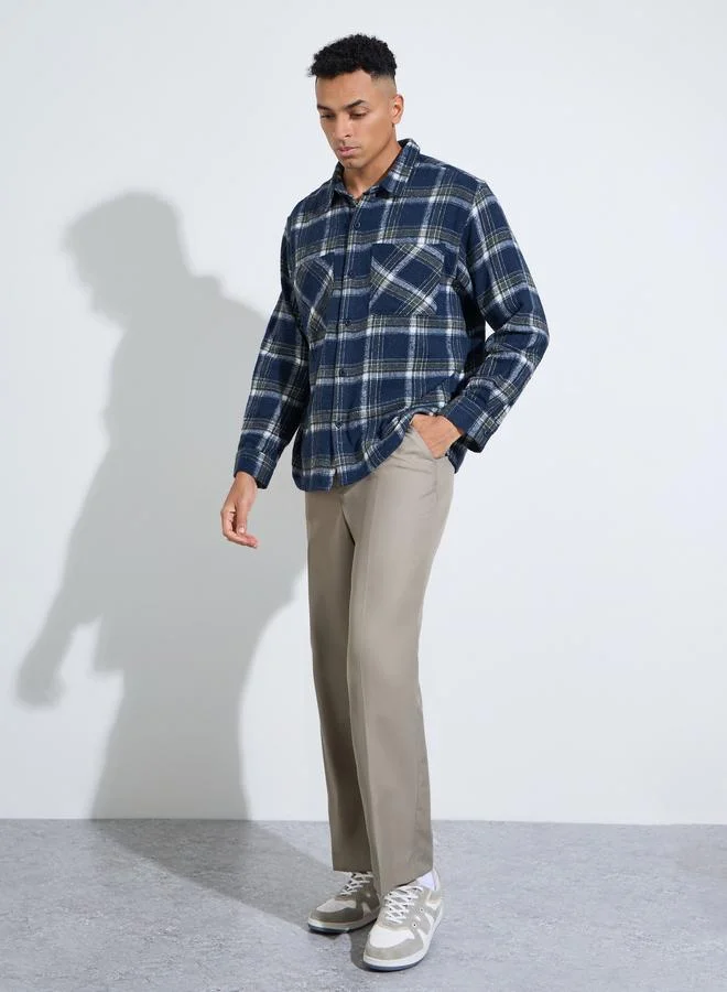 Styli  Navy Blue Checked Pocket Detail Oversized Shacket for Men | Best Price UAE