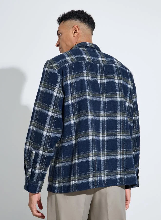 Styli  Navy Blue Checked Pocket Detail Oversized Shacket for Men | Best Price UAE