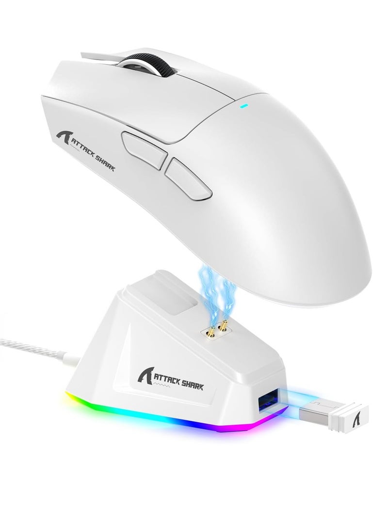 Attack Shark ماوس ألعاب لاسلكي خفيف الوزن X11 مع قاعدة شحن RGB، وضع ثلاثي - 2.4G/USB-C سلكي/بلوتوث، 22K DPI، مستشعر بصري PAW3311، مفتاح HUYU، 5 أزرار قابلة للبرمجة للكمبيوتر/ماك (أبيض) - Image 1