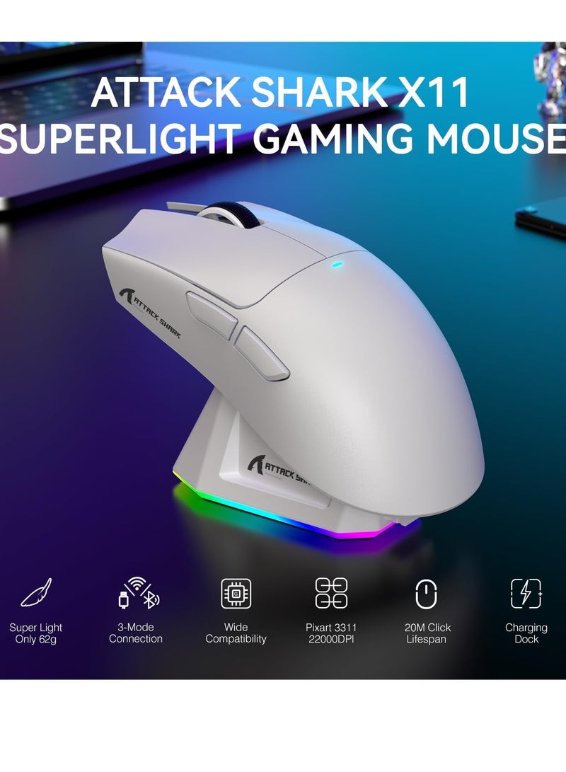 Attack Shark ماوس ألعاب لاسلكي خفيف الوزن X11 مع قاعدة شحن RGB، وضع ثلاثي - 2.4G/USB-C سلكي/بلوتوث، 22K DPI، مستشعر بصري PAW3311، مفتاح HUYU، 5 أزرار قابلة للبرمجة للكمبيوتر/ماك (أبيض) - Image 3