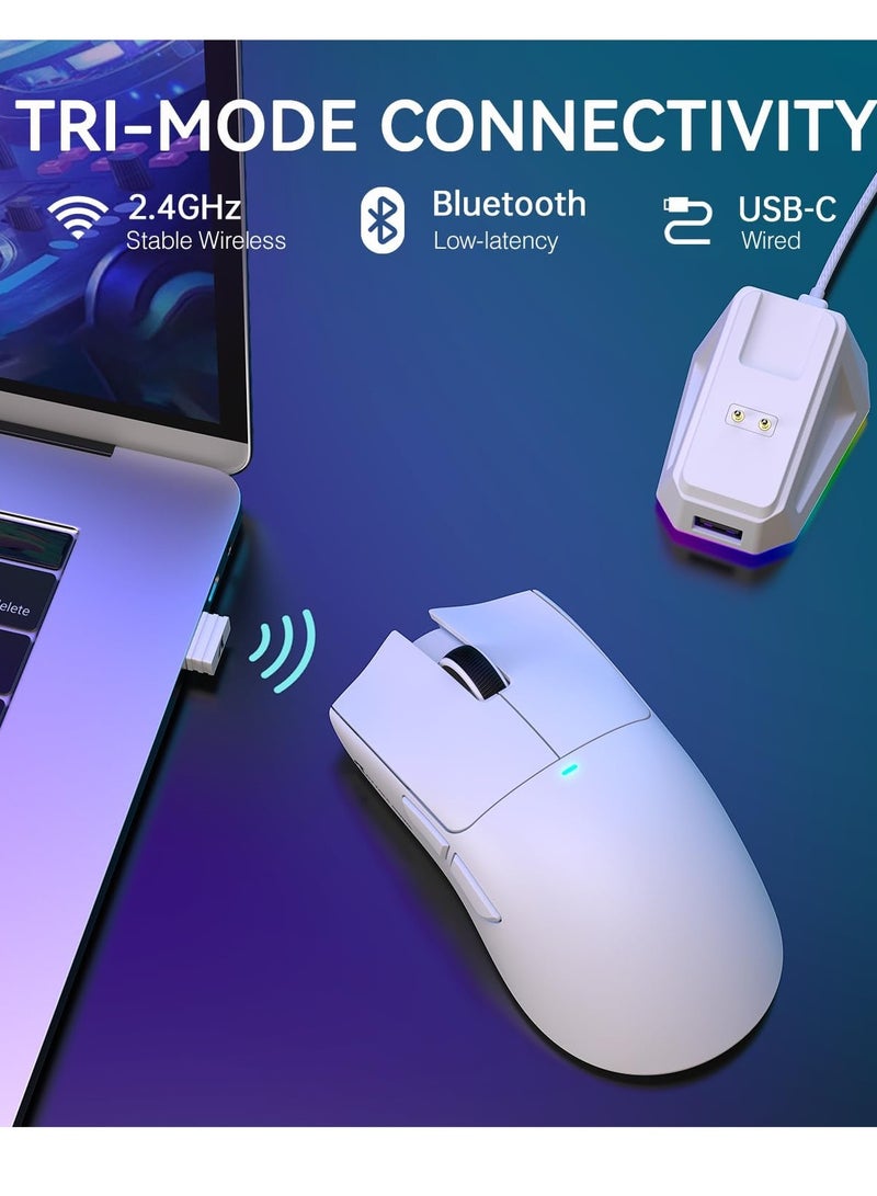 Attack Shark ماوس ألعاب لاسلكي خفيف الوزن X11 مع قاعدة شحن RGB، وضع ثلاثي - 2.4G/USB-C سلكي/بلوتوث، 22K DPI، مستشعر بصري PAW3311، مفتاح HUYU، 5 أزرار قابلة للبرمجة للكمبيوتر/ماك (أبيض) - Image 4