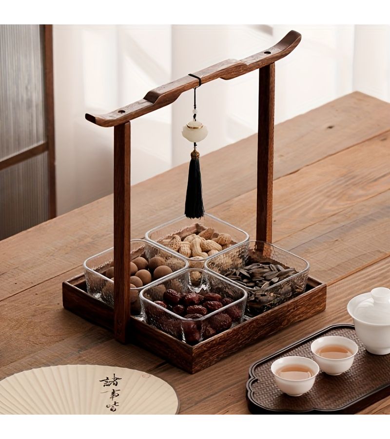 New 4 Compartment Walnut Pull Out Tray With Wooden Handle Lid Glass Fruit Plate For Snacks Nuts Desserts Suitable For Restaurants Hotels And Parties - Image 1