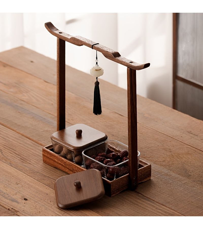 New 4 Compartment Walnut Pull Out Tray With Wooden Handle Lid Glass Fruit Plate For Snacks Nuts Desserts Suitable For Restaurants Hotels And Parties - Image 4