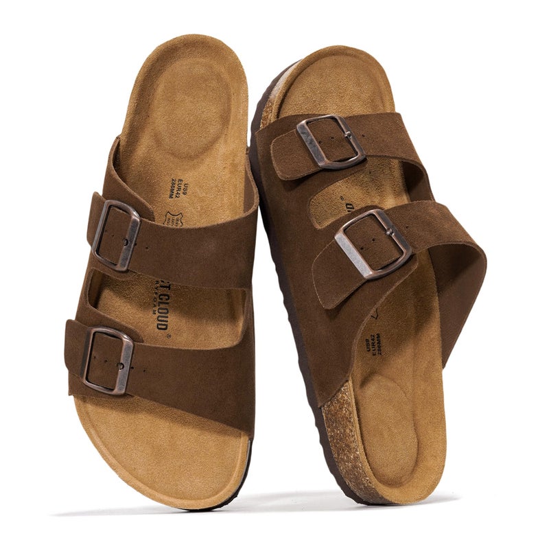 Project Cloud 100% Genuine Leather Mens Sandals - Memory Foam Insole & Cork Footbed Slides for Men Footwear - Non-Slip Summer Sandals for Men & Lightweight Mens Slides (Heritage, CHOCSUEDE,9)