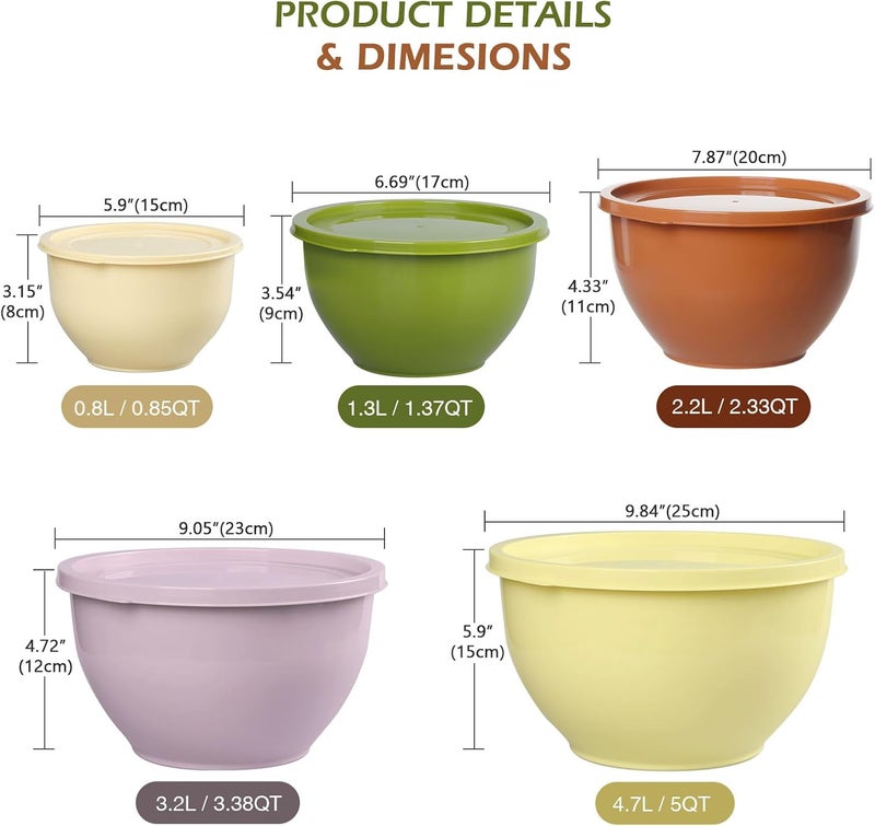 Greentainer Plastic Mixing Bowls Set with Lids, Nesting Bowls for Prepping, Serving, Cooking & Baking, Large Mixing Salad Bowl for Kitchen, Reusable, Dishwasher & Microwave Safe, Set of 5(Olive-green) - Image 2