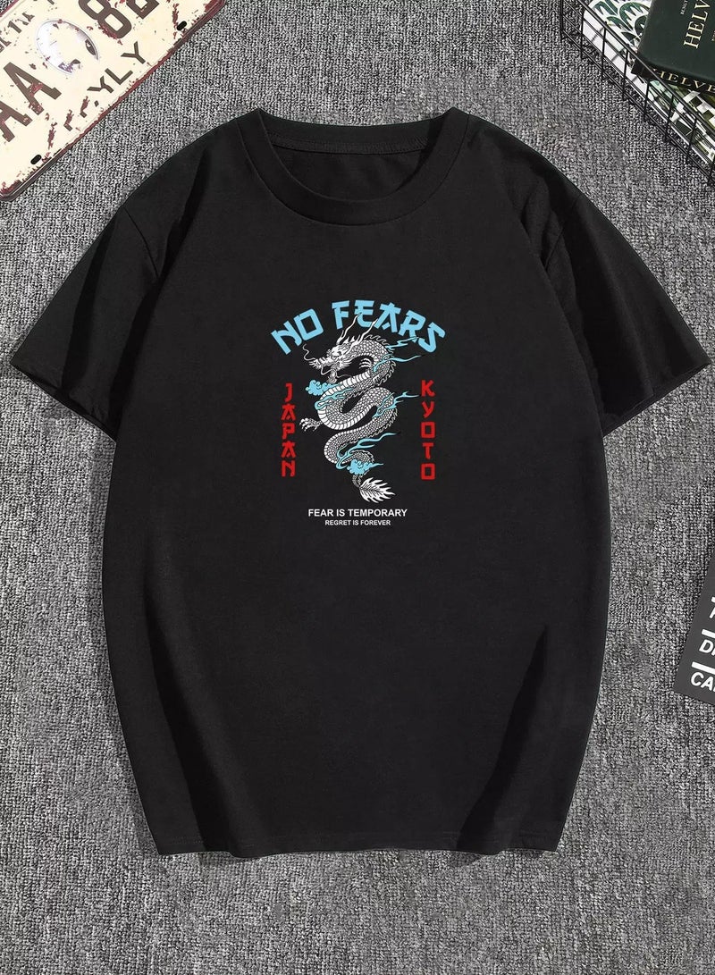 Men Chinese Dragon & Letter Print Tee - Image 1