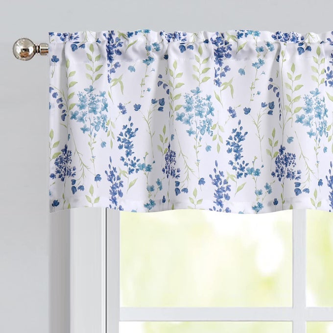BLUE FLORAL KITCHEN CURTAIN VALANCE COLORFUL BOTANICAL FLOWER PRINT FARMHOUSE ROD POCKET SHORT CURTAINS FOR KITCHEN CAFE BATHROOM WINDOW TREATMENT 56 WX 15 L WATERCOLOR 1 PANEL