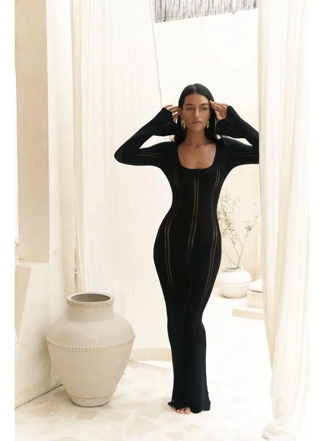 Paulina Lace‑Patterned Black Knit Dress
