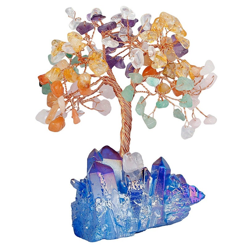 mookaitedecor Colorful Crystal Tree  Quartz Cluster Blue Titanium Crystals Base Bonsai Money Tree for Wealth and Luck - Image 1