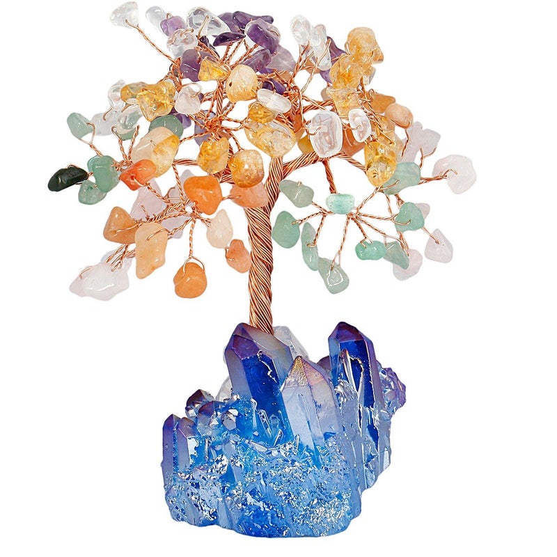 mookaitedecor Colorful Crystal Tree  Quartz Cluster Blue Titanium Crystals Base Bonsai Money Tree for Wealth and Luck - Image 2