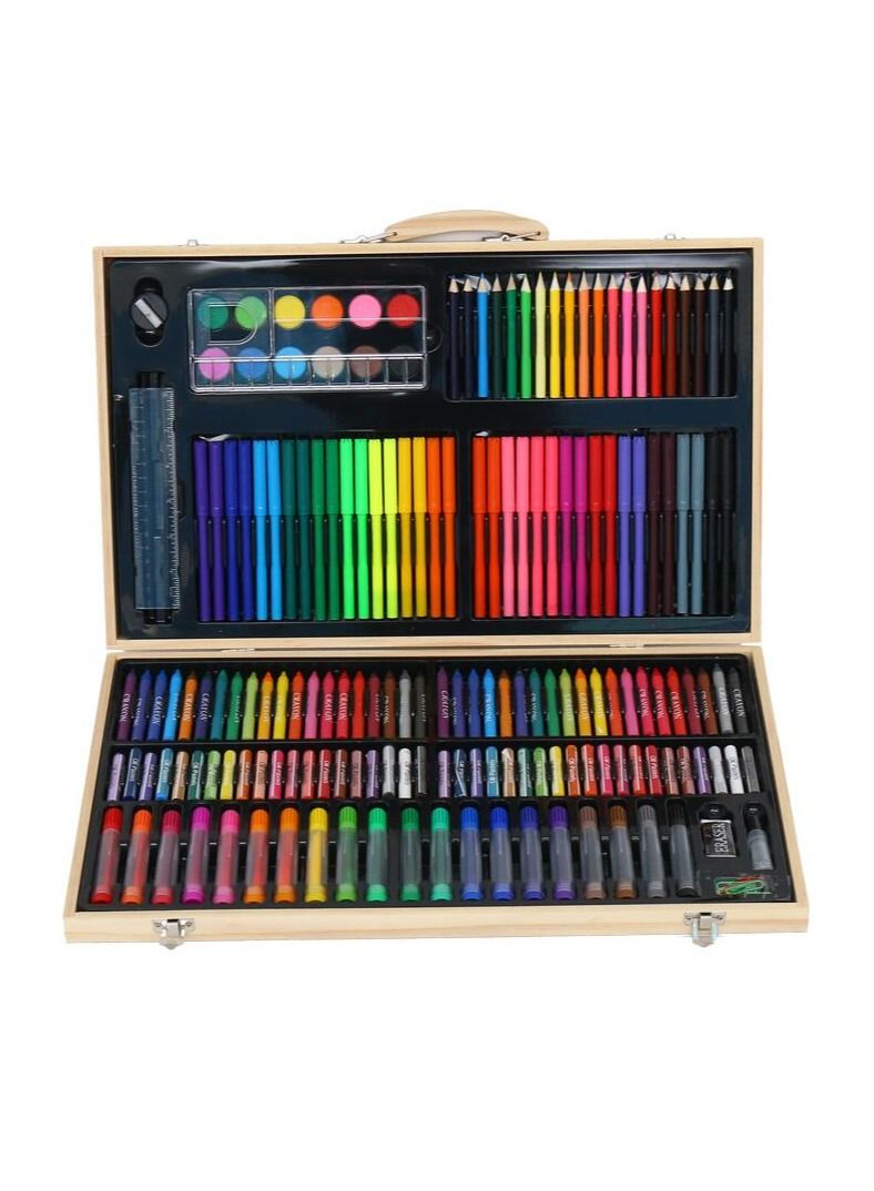 MIXDE 180 PCS Wooden Box Brush Set Watercolor Pen Crayon Oil Pastel Painting Supplies - Image 1