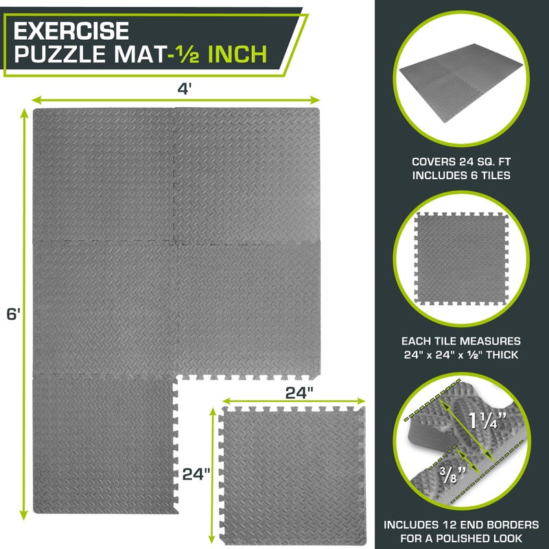ProsourceFit Puzzle Exercise Mat ½ in, EVA Interlocking Foam Floor Tiles for Home Gym, Mat for Home Workout Equipment, Floor Padding for Kids, Grey, 24 in x 24 in x ½ in, 24 Sq Ft - 6 Tiles - Image 2
