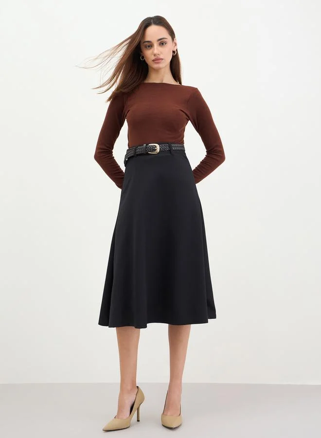 ستايلي تنورة ميدي بحزام وحافة واسعة