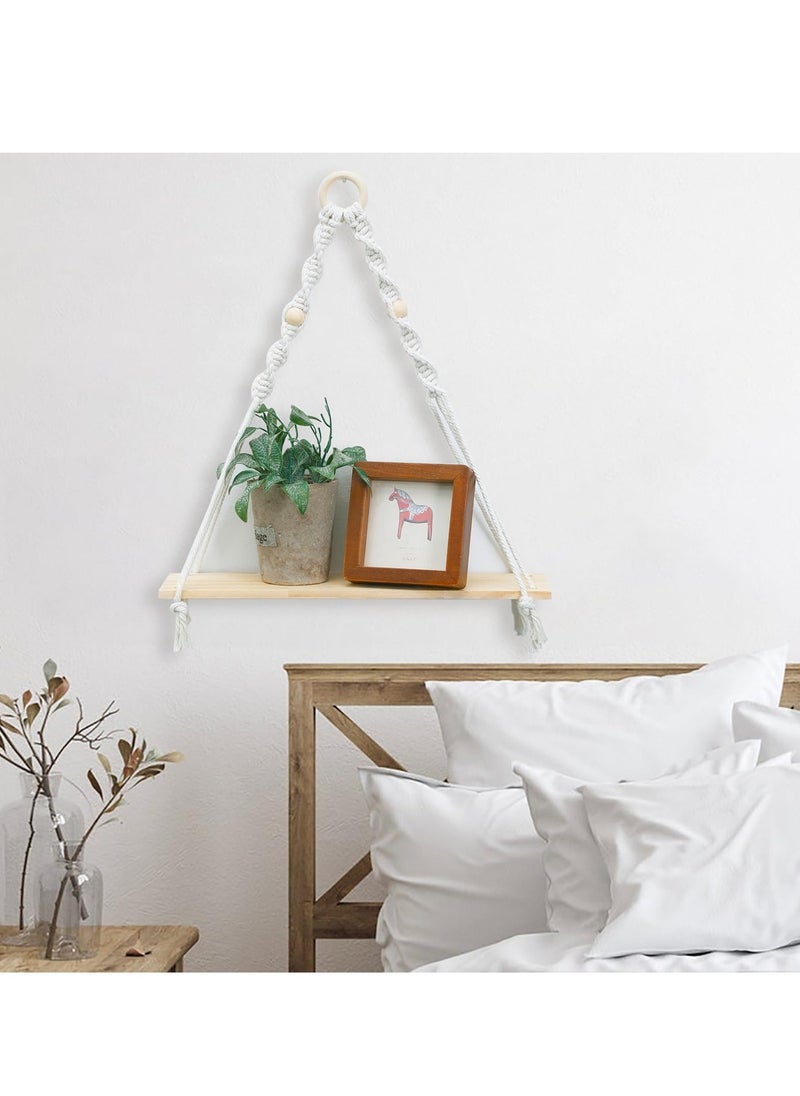Excefore Macrame Hanging Shelves Boho Wall Decor, Macrame Wall Hanging Shelf - Boho Wood Wall Shelves with Wood Beads, Rustic Display Shelving for Bedroom Living Room Preppy Room Nursery Decor  - Image 3