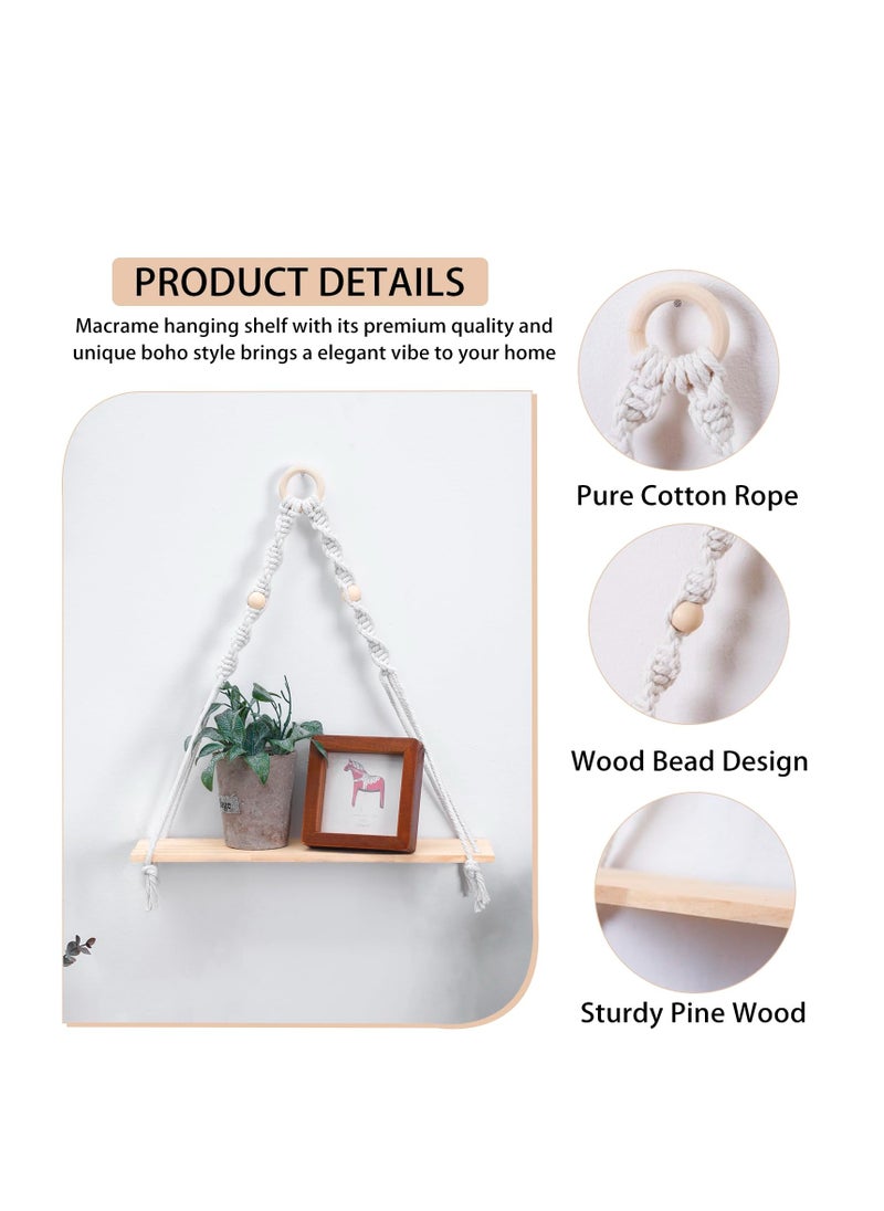 Excefore Macrame Hanging Shelves Boho Wall Decor, Macrame Wall Hanging Shelf - Boho Wood Wall Shelves with Wood Beads, Rustic Display Shelving for Bedroom Living Room Preppy Room Nursery Decor  - Image 4