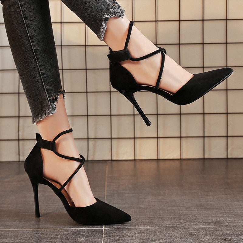 Women'S Shoes New 2025 Suede Cross Strap Korean Style High Heels Stiletto Cat Heel Pointed Toe Women'S Shoes Summer Shoes - Image 5