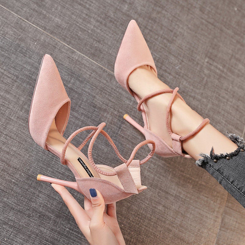 Women'S Shoes New 2025 Suede Cross Strap Korean Style High Heels Stiletto Cat Heel Pointed Toe Women'S Shoes Summer Shoes - Image 2