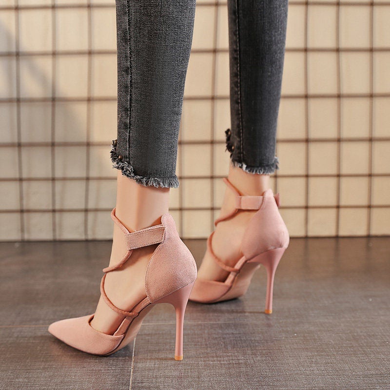 Women'S Shoes New 2025 Suede Cross Strap Korean Style High Heels Stiletto Cat Heel Pointed Toe Women'S Shoes Summer Shoes - Image 1