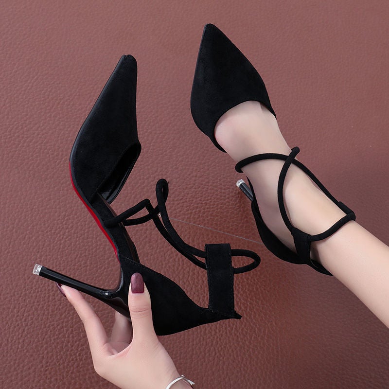Women'S Shoes New 2025 Suede Cross Strap Korean Style High Heels Stiletto Cat Heel Pointed Toe Women'S Shoes Summer Shoes - Image 4
