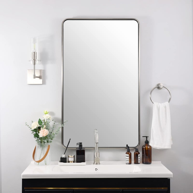 ANDY STAR Bathroom Mirror 24X40 Inch Brushed Nickel for Vanity Rounded Rectangle Oblong SUS304AntiRust WallMounted Horizontal or Vertical