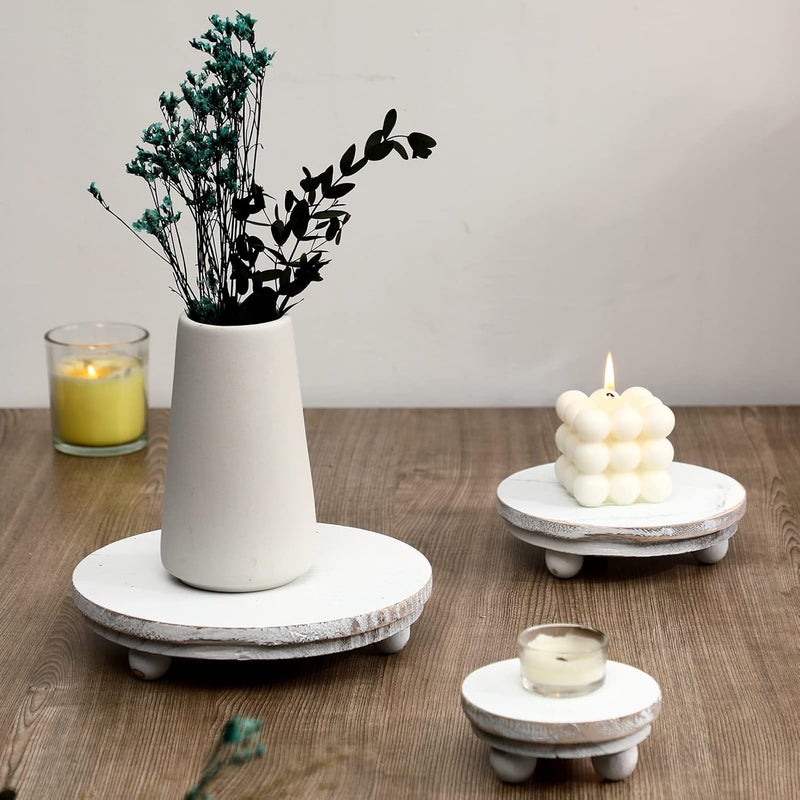 Amyhill 3 Pieces Wood Risers for Decor Wood Pedestal Mini Riser Stand Round Wooden Riser Rustic Farmhouse Riser for Decor Tiered Tray Decor Riser for Home Kitchen (Washed White, 8/6/4 Inch) - Image 5