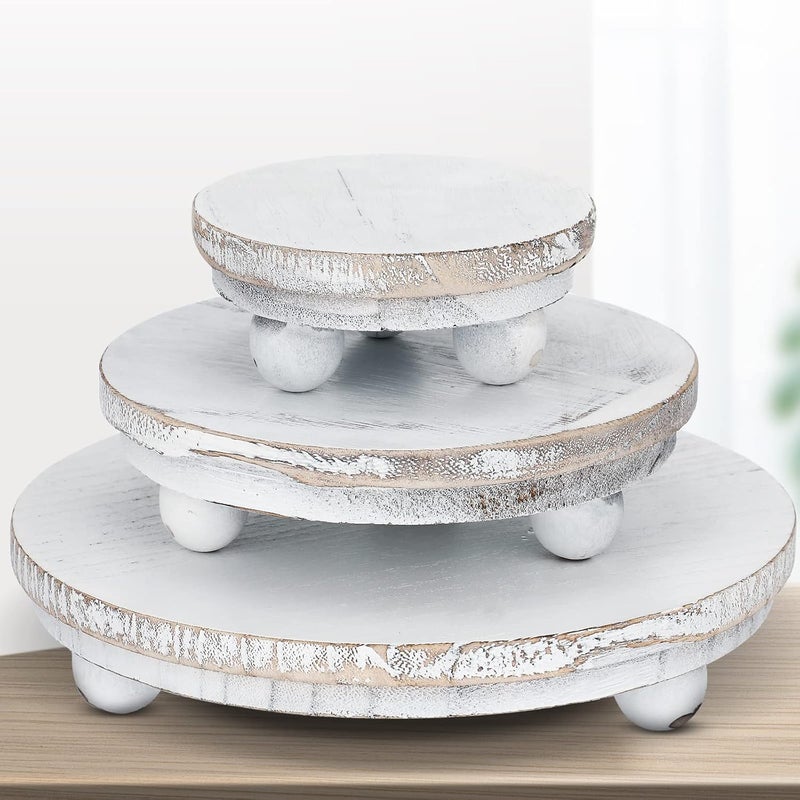 Amyhill 3 Pieces Wood Risers for Decor Wood Pedestal Mini Riser Stand Round Wooden Riser Rustic Farmhouse Riser for Decor Tiered Tray Decor Riser for Home Kitchen (Washed White, 8/6/4 Inch) - Image 1