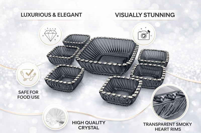 Premium Glass Serving Bowls Set – 7 Pieces Square Design with Decorative Edge – Ideal for Nuts, Desserts, Fruits & Elegant Table Serving (Smoky Gray) - Image 2