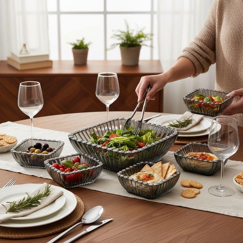 Premium Glass Serving Bowls Set – 7 Pieces Square Design with Decorative Edge – Ideal for Nuts, Desserts, Fruits & Elegant Table Serving (Smoky Gray) - Image 4