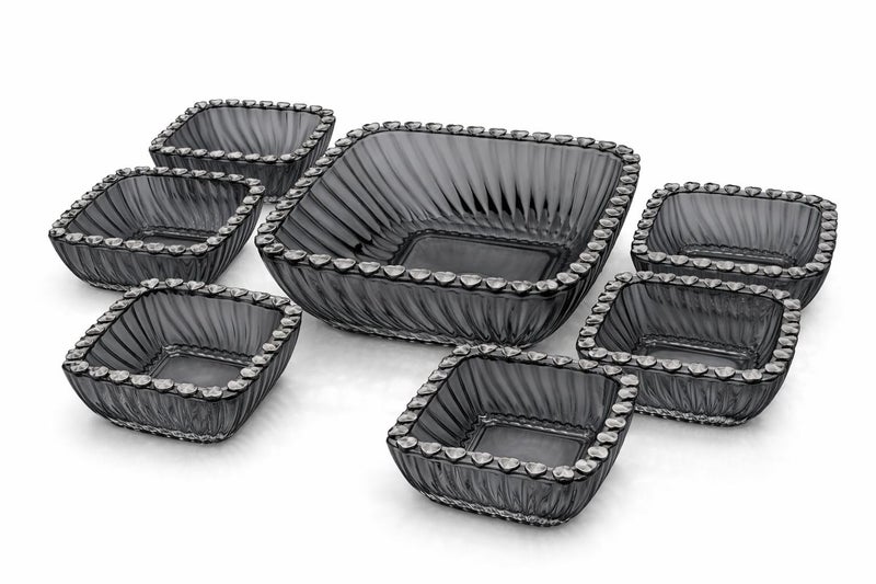 Premium Glass Serving Bowls Set – 7 Pieces Square Design with Decorative Edge – Ideal for Nuts, Desserts, Fruits & Elegant Table Serving (Smoky Gray) - Image 1