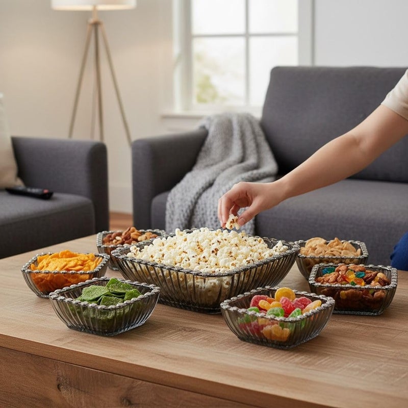 Premium Glass Serving Bowls Set – 7 Pieces Square Design with Decorative Edge – Ideal for Nuts, Desserts, Fruits & Elegant Table Serving (Smoky Gray) - Image 3
