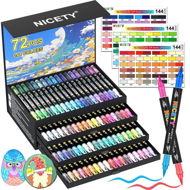 NICETY 144 Colors Acrylic Paint Markers â€“ 72 Pack Dual Tip Acrylic Paint Pens with Brush Tip, Water-Based Quick-Dry Non-Bleed Paint Markers for Rock, Wood, Glass, Ceramic, Fabric, and Canvas - Image 1