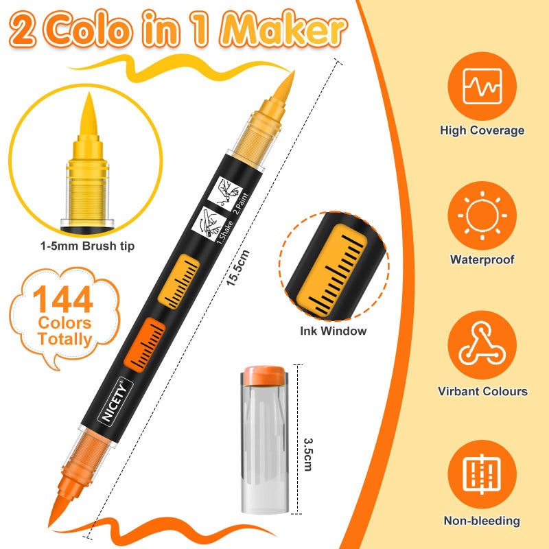 NICETY 144 Colors Acrylic Paint Markers â€“ 72 Pack Dual Tip Acrylic Paint Pens with Brush Tip, Water-Based Quick-Dry Non-Bleed Paint Markers for Rock, Wood, Glass, Ceramic, Fabric, and Canvas - Image 2