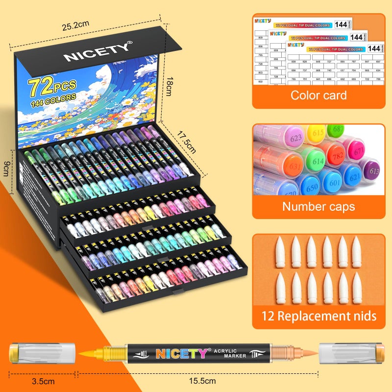 NICETY 144 Colors Acrylic Paint Markers â€“ 72 Pack Dual Tip Acrylic Paint Pens with Brush Tip, Water-Based Quick-Dry Non-Bleed Paint Markers for Rock, Wood, Glass, Ceramic, Fabric, and Canvas - Image 3