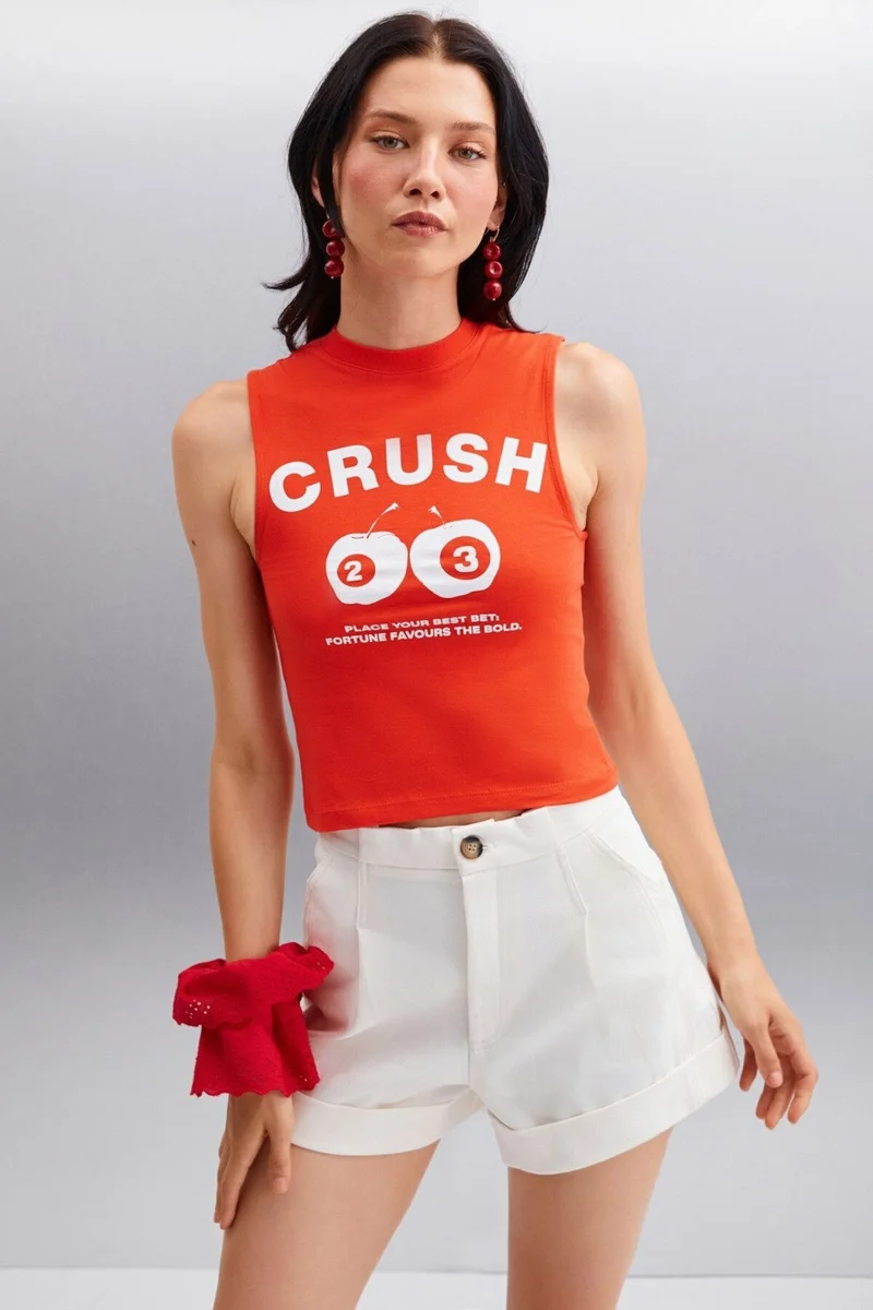 GRIMELANGE AZURA Women's Printed Short Sleeve Crop Red T-Shirt