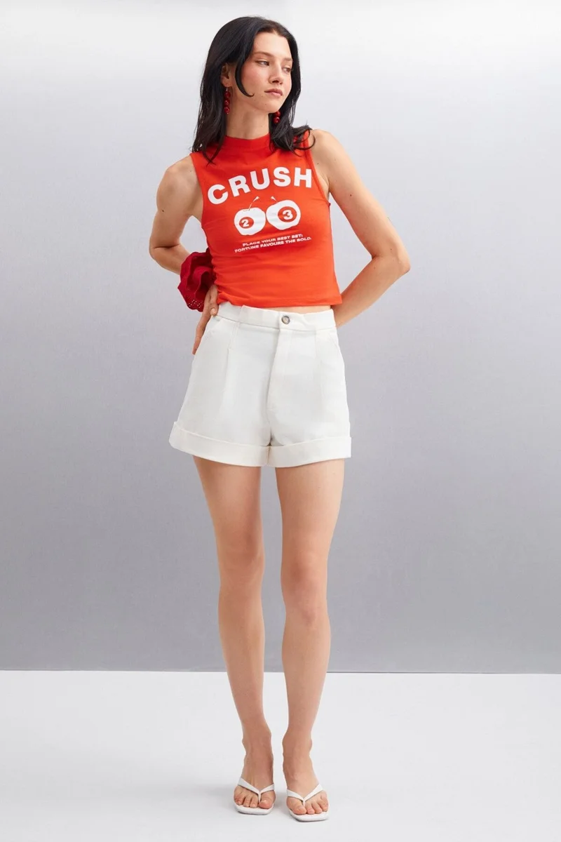 GRIMELANGE AZURA Women's Printed Short Sleeve Crop Red T-Shirt