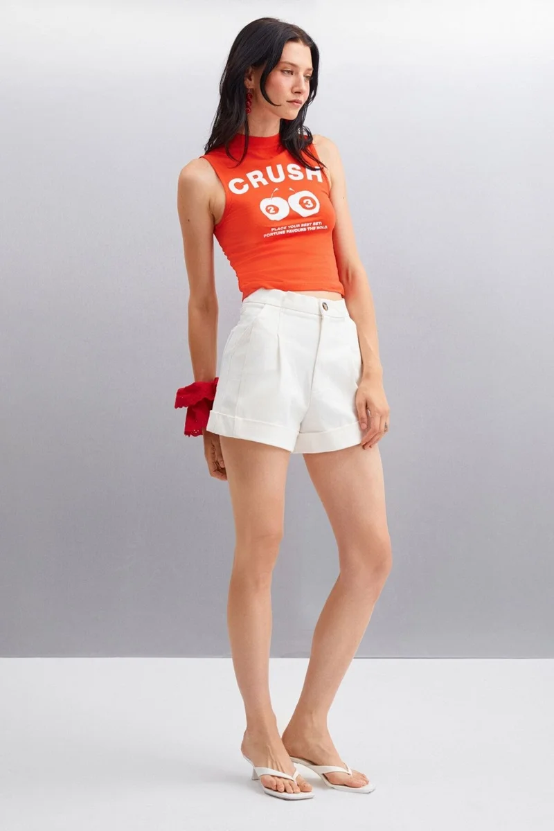 GRIMELANGE AZURA Women's Printed Short Sleeve Crop Red T-Shirt