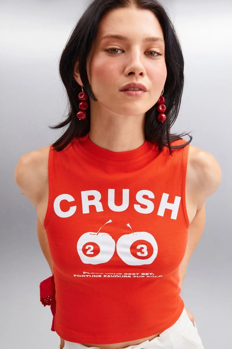 GRIMELANGE AZURA Women's Printed Short Sleeve Crop Red T-Shirt