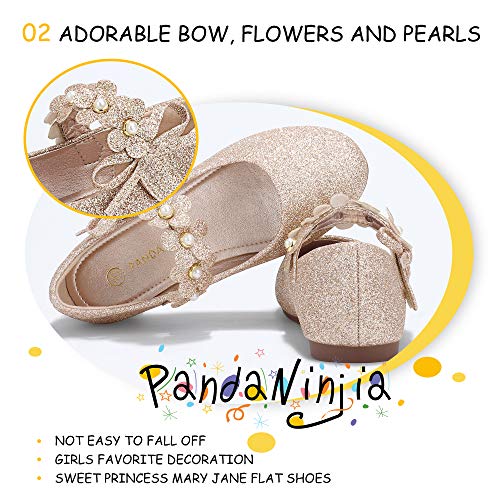 PANDANINJIA Toddler Girls Dress Shoes Flower Girl Flats Pearls Bow Mary Jane Wedding Party Gold Shoes Flora Size 7(Gold Glitter,7 M US Toddler) - Image 4