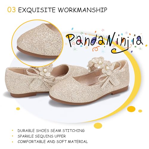 PANDANINJIA Toddler Girls Dress Shoes Flower Girl Flats Pearls Bow Mary Jane Wedding Party Gold Shoes Flora Size 7(Gold Glitter,7 M US Toddler) - Image 5