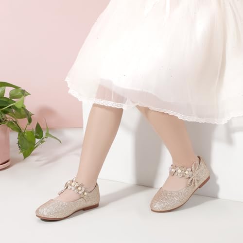 PANDANINJIA Toddler Girls Dress Shoes Flower Girl Flats Pearls Bow Mary Jane Wedding Party Gold Shoes Flora Size 7(Gold Glitter,7 M US Toddler) - Image 2